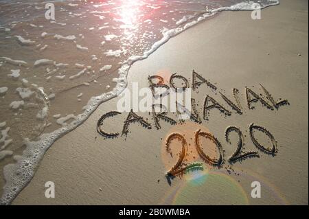 Messaggio Boa Carnaval 2020, portoghese per il Carnevale Felice, scritto a mano su spiaggia di sabbia liscia con l'onda entrante a Rio de Janeiro, Brasile. Traduzione: Foto Stock