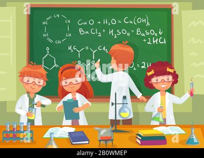 Scuola bambini studio chimica. Bambini studenti che studiano scienza e scrittura in classe di laboratorio lavagna cartoon vettore illustrazione Illustrazione Vettoriale