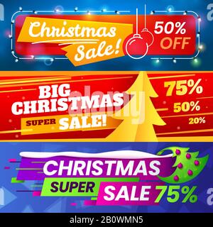 Banner di vendita di Natale. Pubblicità offerte di marketing di natale, vendita di vacanze invernali e stagione speciale offerta banner vettore set Illustrazione Vettoriale