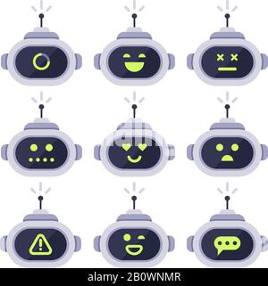 Avatar chatbot. Bot chat per computer, espressioni facciali per robot android e testa di cyborg robotica. Set di icone per il logo robot o il vettore bot Illustrazione Vettoriale
