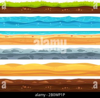 Superficie di terra senza saldatura. Verde erba paesaggio terra, deserto sabbioso e spiaggia con acqua di mare. Set di cartoni animati vettoriali Grounds Layers Illustrazione Vettoriale