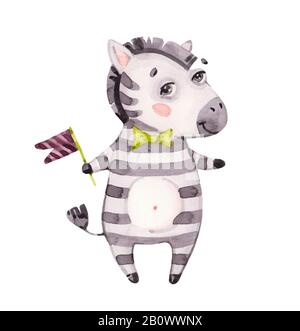 acquerello vivaio cute baby zebra, dolce cartoon zebra isolato su bianco, moda bambino vwatercolor, illustrazione scandinava Foto Stock