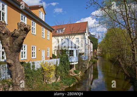 Case sul torrente di montagna del Gera a Erfurt, Turingia, Germania, Europa Foto Stock