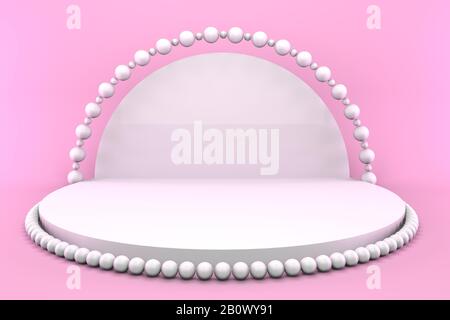 3d rendere piedistallo rotondo con perle su sfondo rosa. Concetto di podio minimalistico per le merci. Foto Stock