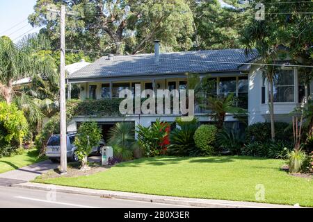 Case australiane e giardini nel sobborgo di Sydney di Bayview sulle spiagge settentrionali, Australia Foto Stock