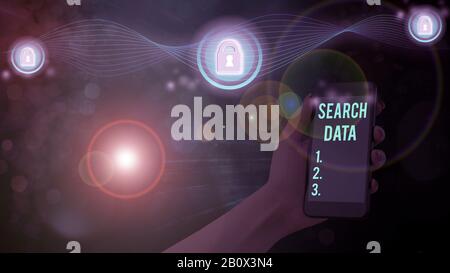 Segno di testo che mostra i dati della ricerca. Business photo vetrina per il recupero efficiente di specifici elementi da un insieme di elementi Foto Stock