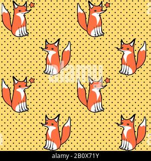 Cute modello senza cuciture con seduta e vignetta volpe su sfondo giallo punteggiato Illustrazione Vettoriale