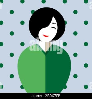 Carino cartoon asiatica signora con capelli corti in kimono sorridente Illustrazione Vettoriale
