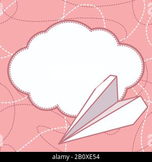 Piano della carta e sfondo del vettore cloud. Aeroplano di carta che vola sopra la nuvola con spazio vuoto per il testo. Piano di carta e design piatto cloud. Può essere usato f Illustrazione Vettoriale
