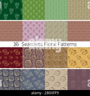 Set di 16 motivi floreali senza cuciture dagli schizzi disegnati a mano. Può essere utilizzato per sfondi, sfondi, ecc. Ottimizzato per semplici cambiamenti di colore. EPS10 vect Illustrazione Vettoriale