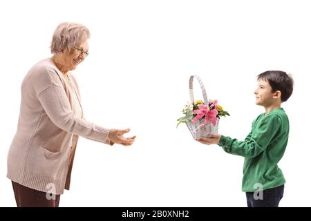 Ragazzo che dà fiori alla nonna isolato su sfondo bianco Foto Stock