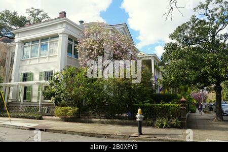 New Orleans, Louisiana, Stati Uniti - 4 febbraio 2020 - bella villa con alberi di magnolia rosa vicino al Garden District Foto Stock