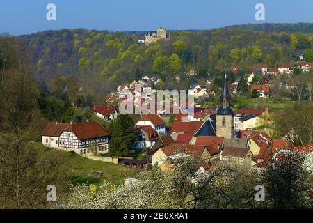 Vista di Kranichfeld con castello superiore nei pressi di Weimar, Turingia, Germania, Foto Stock