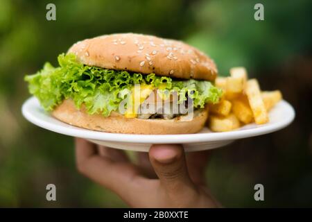 hamburger con patatine fritte su un piatto bianco Foto Stock