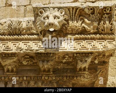 Dettaglio cornice con testa di leone come gargoyle nell'antica città di Baalbek, Libano, Foto Stock