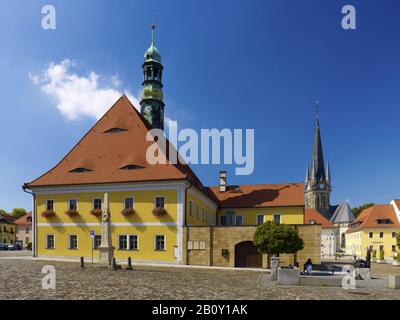 Mercato con municipio e chiesa di San Gertrudis a Neustadt, Saxon Svizzera-Eastern Ore Mountains, Sassonia, Germania, Foto Stock