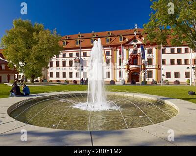 Fontana con Kurmainzische Statthalterei, oggi cancelleria di Stato a Erfurt, Turingia, Germania, Foto Stock