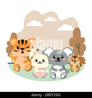animali carini gruppo in paesaggio scena Illustrazione Vettoriale