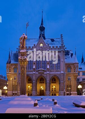 Municipio con colonna Roland a Fischmarkt a Erfurt, Turingia, Germania, Foto Stock