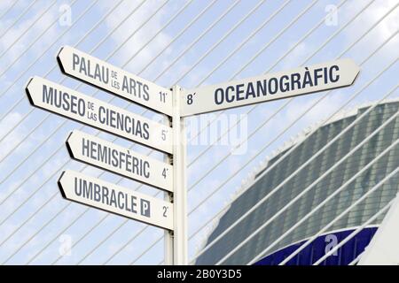 Signposts, Signpost, Città Delle Arti E Delle Scienze, Valencia, Spagna, Foto Stock