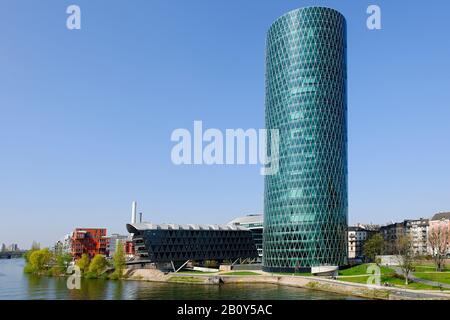 Westhafen Tower, edificio di uffici, OFB, architettura moderna, Westhafenplatz, Francoforte sul principale, Assia, Germania, Europa Foto Stock