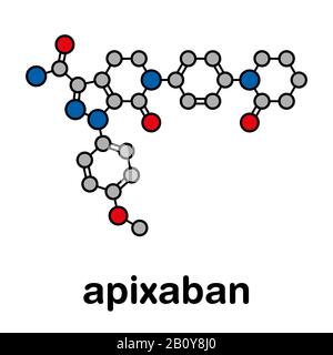 Molecola di farmaco anticoagulante Apixaban, illustrazione Foto Stock