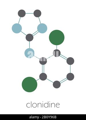 Molecola di farmaco clonidina, illustrazione Foto Stock