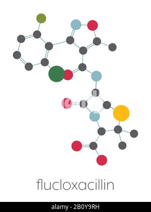 Molecola di farmaco antibiotico flucloxacillina, illustrazione Foto Stock