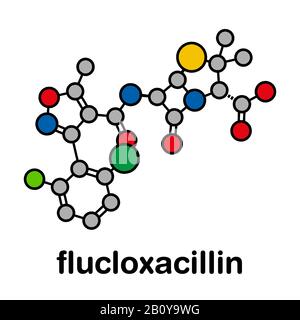 Molecola di farmaco antibiotico flucloxacillina, illustrazione Foto Stock
