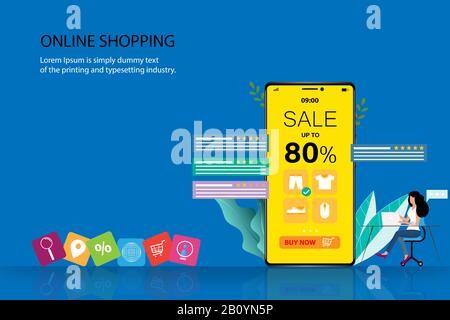 Concetto di business dello shopping online, una donna sta cercando sul suo notebook per trovare un nuovo pantaloni e sedersi vicino a un grande smartphone che contengono tasso di sconto. Illustrazione Vettoriale