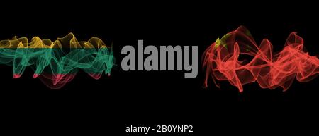 Bandiere di Lituania e Cina su sfondo nero, Lituania vs China Smoke Flags Foto Stock