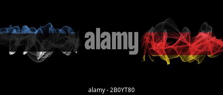 Bandiere di Estonia e Germania su sfondo nero, Estonia vs Germania bandiere di fumo Foto Stock