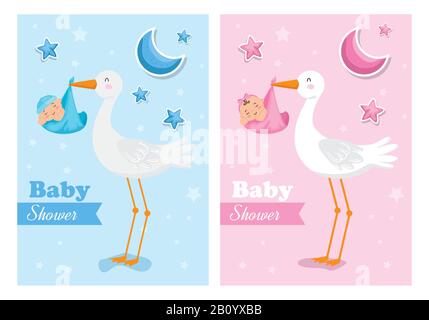 set di baby doccia carte con cicogne e bambini Illustrazione Vettoriale
