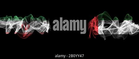 Bandiere di Iran ed Emirati Arabi Uniti su sfondo nero, Iran vs Emirati Arabi Uniti bandiere fumo Foto Stock