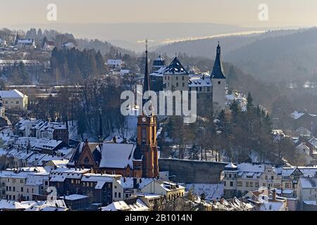 Luogo con chiesa e castello Mylau, Vogtland, Sassonia, Germania Foto Stock