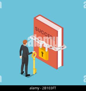 Appartamento 3d isometrico uomo d'affari che tiene la chiave in piedi davanti al libro di successo con la serratura. Chiave per il successo e il concetto di istruzione. Illustrazione Vettoriale