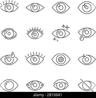 Pittogramma nero della vista o icone della linea dell'occhio osservante. Bulbo oculare, orologio e occhi con lenti oftalmiche delineano la raccolta di icone vettoriali Illustrazione Vettoriale