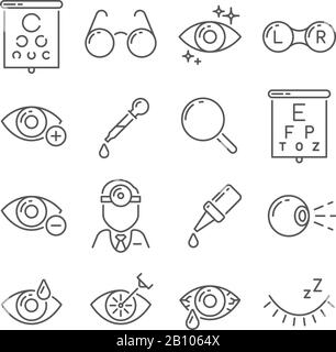 Optometry occhi salute e strumenti oculisti. Chirurgia oculare laser medica, contagocce, bulbo oculare, lenti oftalmiche o occhiali linea icone set Illustrazione Vettoriale