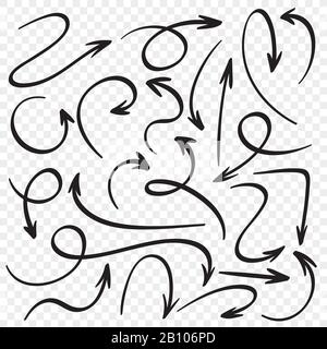 Serie di frecce disegnate a mano. Puntatori freccia cartone animato. Set vettore di schizzo puntatore di direzione Illustrazione Vettoriale