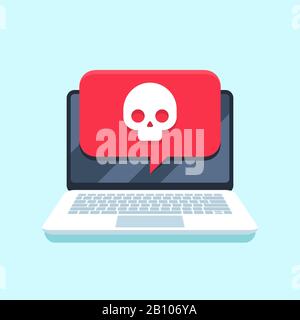 Notifica virus sullo schermo del notebook. Attacchi di malware a PC portatili, virus informatici o attacchi di hacker al concetto di vettore sicuro Illustrazione Vettoriale