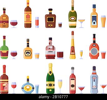 Bottiglie di alcool e bicchieri. Bottiglia alcolica con sidro, vermouth in vetro o liquore shot e wineglasses icone isolato vettore set Illustrazione Vettoriale