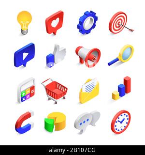 icone di social marketing per 3d. Isometrico web seo piace segno, business mail rete e sito web di ricerca pulsante vettore icona raccolta Illustrazione Vettoriale