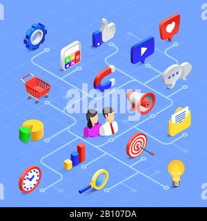 Icone isometriche dei social media. Comunicazione di marketing digitale, contenuti multimediali o condivisione di informazioni. Set di icone Vector 3d Illustrazione Vettoriale