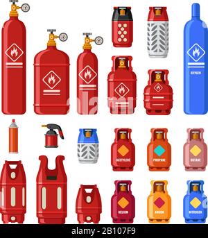 Serbatoio del gas. Cilindri Gaz con acetilene, propano o butano. Combustibile di petrolio nel cilindro di sicurezza. Set vettore isolato serbatoio in metallo elio Illustrazione Vettoriale
