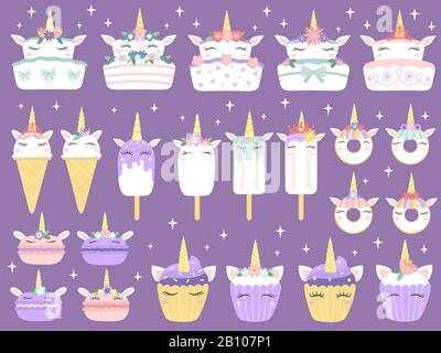 Dessert unicorno. Unicorni macaron, torta di panetteria deliziosa divertente cupcake al cioccolato e ciambella. Set vettore per gelato arcobaleno e cupcake Illustrazione Vettoriale