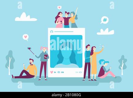 Post foto social network. Giovani che pubblicano selfie phot Illustrazione Vettoriale