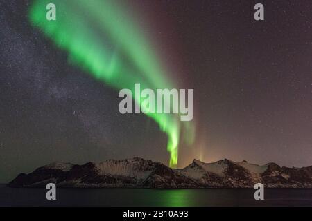 Luci del nord oltre il Metfjord di notte, Senja, Norvegia Foto Stock