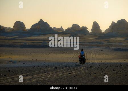 Ciclismo nel deserto Bianco, Sahara, Egitto Foto Stock