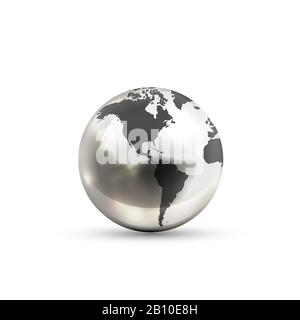 Icona realistica del globo di Terra metallica dal lato americano su bianco sfondo Illustrazione Vettoriale