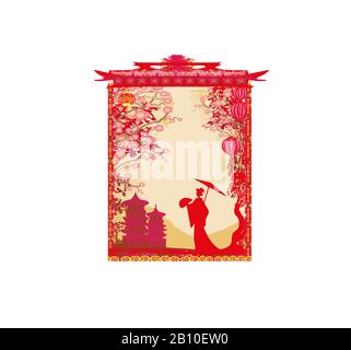 Abstract cornice decorativa con ragazza asiatica Illustrazione Vettoriale